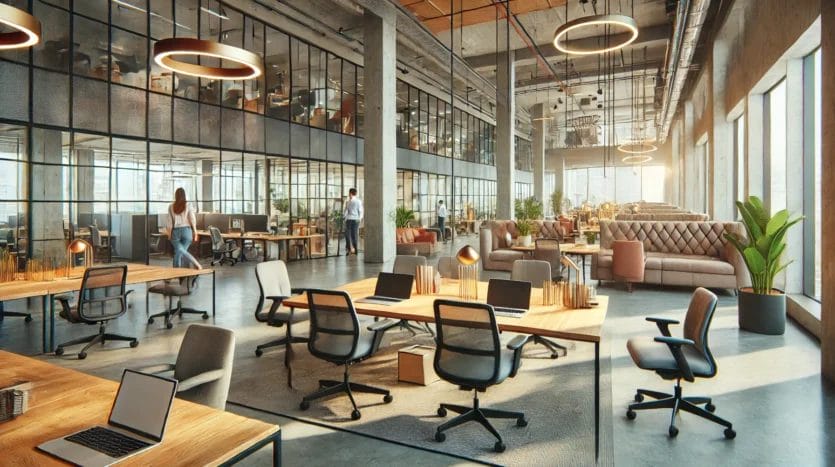 Un espace de bureau moderne et flexible avec une combinaison de zones de coworking ouvertes, de bureaux privés et de salles de réunion, présentant des meubles contemporains, un éclairage naturel et une atmosphère professionnelle et collaborative.